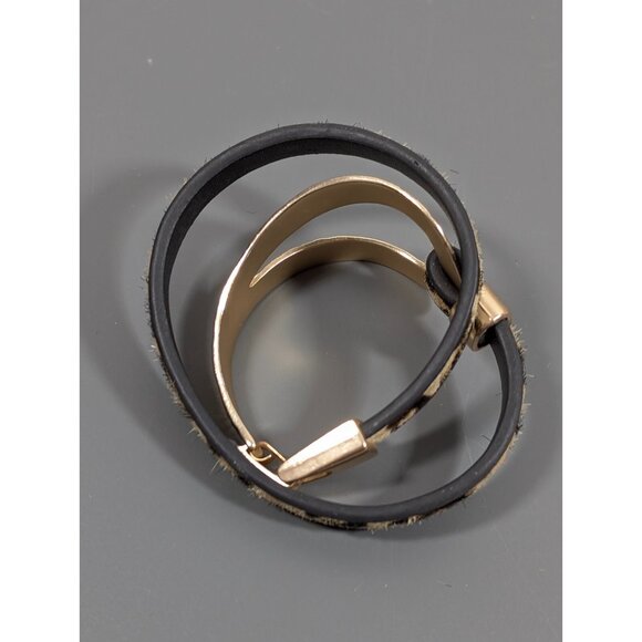 Cheetah Animal Print Faux Fur Gold Tone Hammered Wrap Bracelet 14 inch Boho - Picture 7 of 15